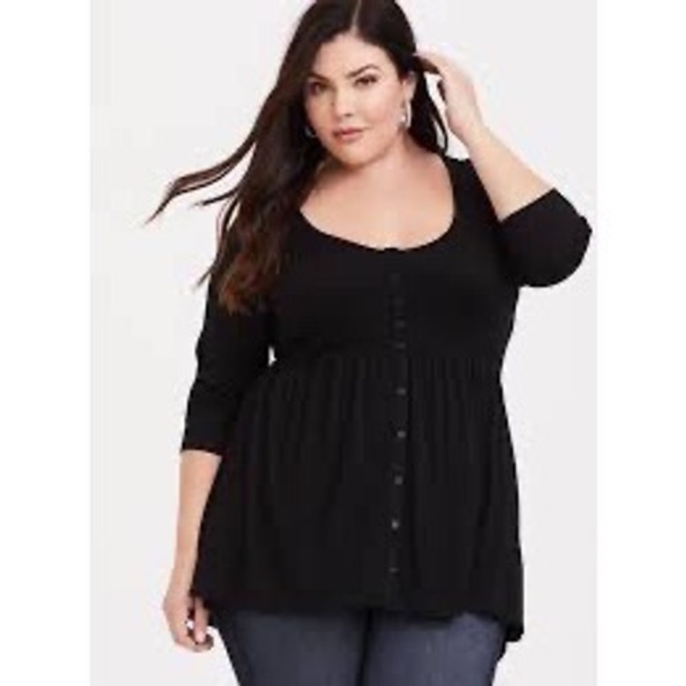 Torrid Pointelle Scoop Neck Long Sleeve Babydoll Top Black Size 0 L 12 MSRP $49